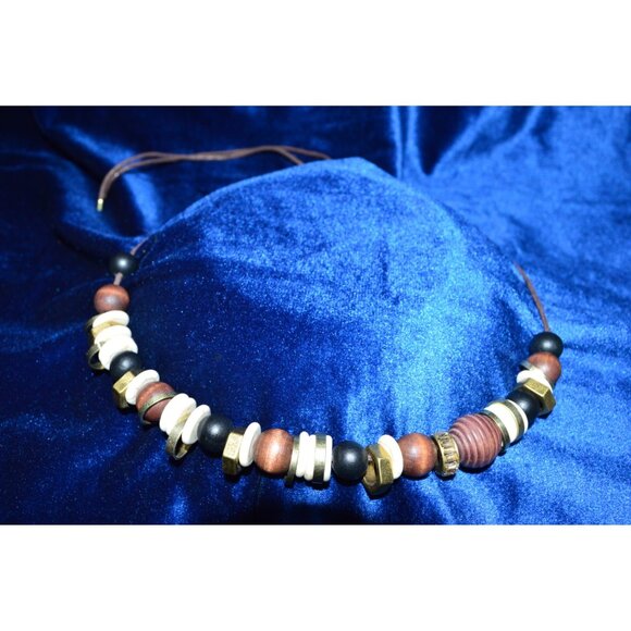 Neutral Tone Beaded Leather Cord Necklace Bronze Boho Gypsy Jewelry - Picture 1 of 5